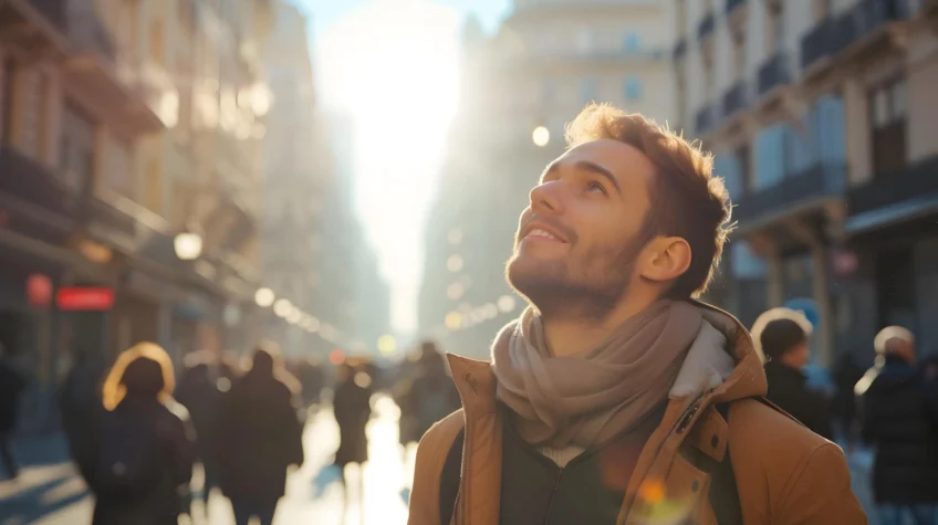 happy young caucasian man looking up at the sky alone in a busy