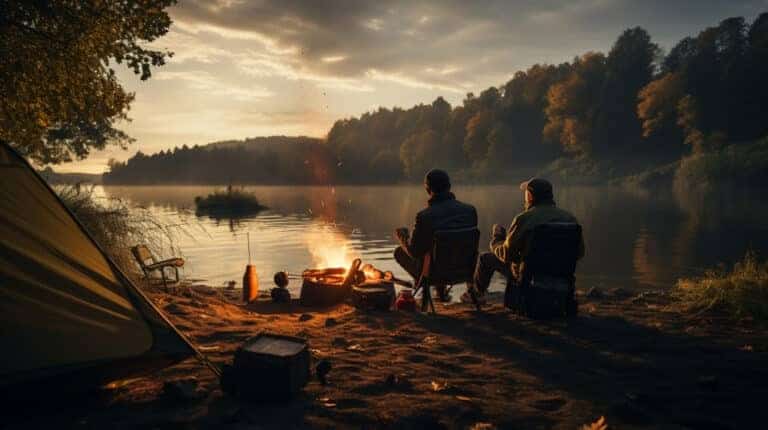 Two men chatting near a campfire by a lake as the sun goes down