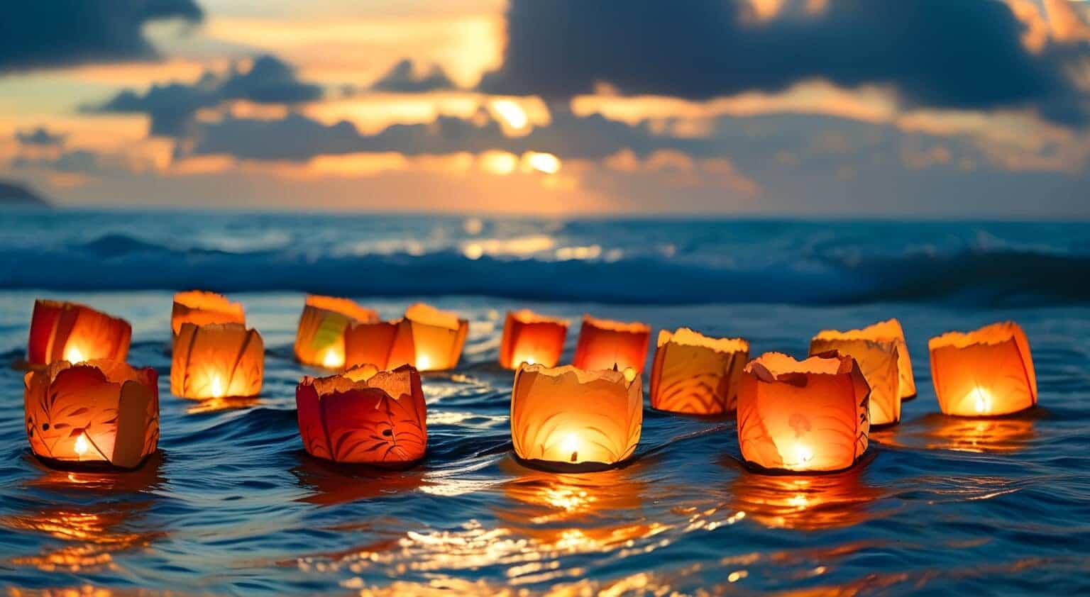 Candle-lit lanterns floating on the ocean