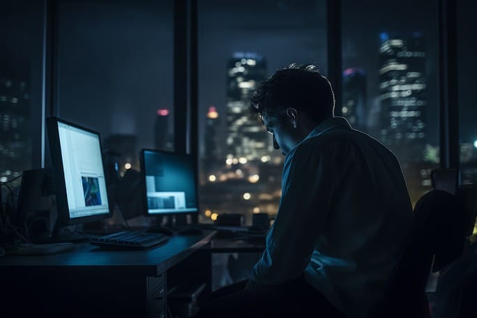 Man in a collared shirt looking at a computer with two monitors in a dark room, against a city skyline