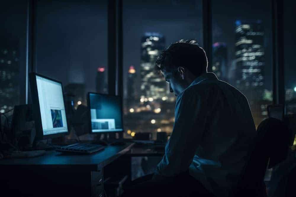 Young man reaching internet pages in dark with city in the background