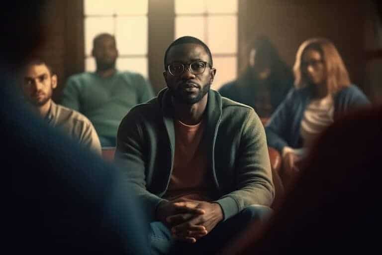 Close shot on a man in a waiting room waiting for fentanyl support group