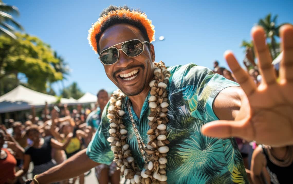 Happy man enjoying himself without alcohol with crowd on island setting