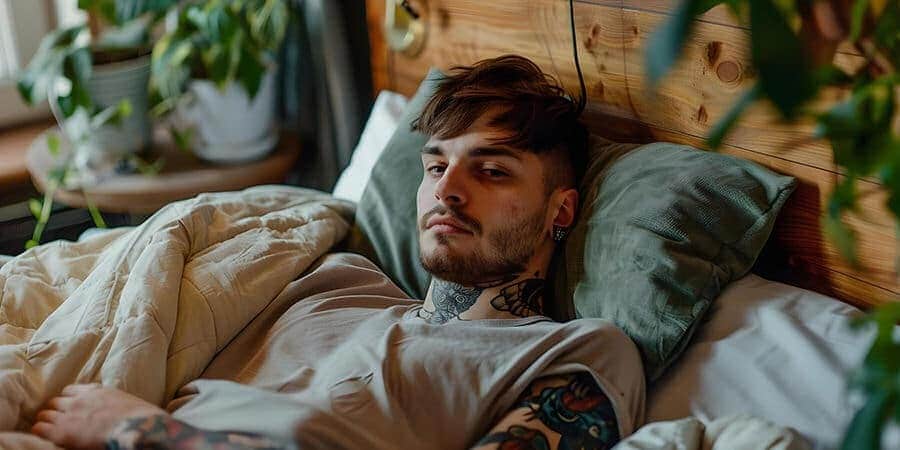 Grieving man with tattoos laying in bed while depressed