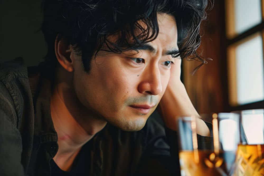 Man with low mood staring at glasses of alcohol.