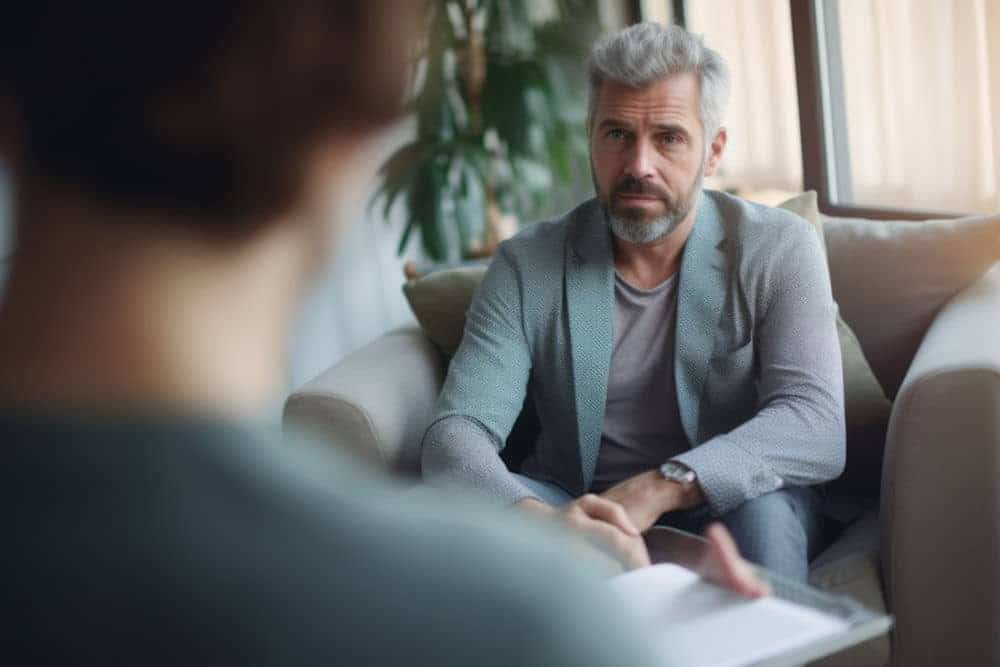 Man taking notes while talking to therapist