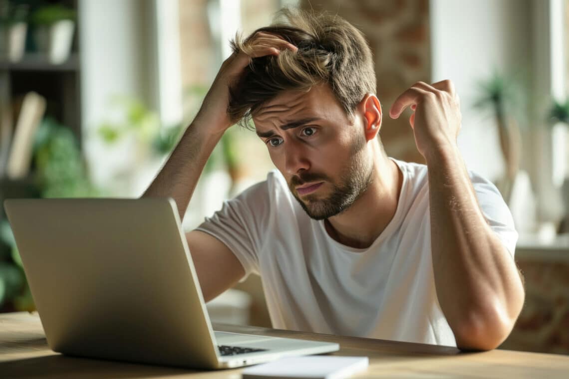 Upset man in white shirt researching fentanyl on laptop