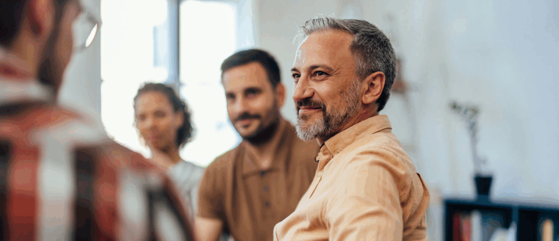Older man sits through cocaine addiction support group with amused smile.