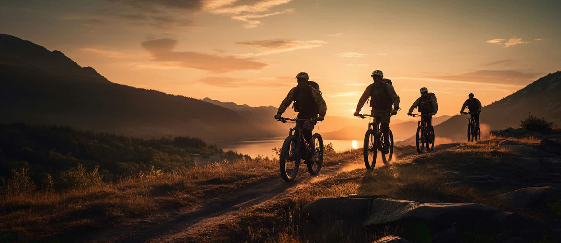 Men riding bicycles on a trail as the sun sets over a lake behind them.