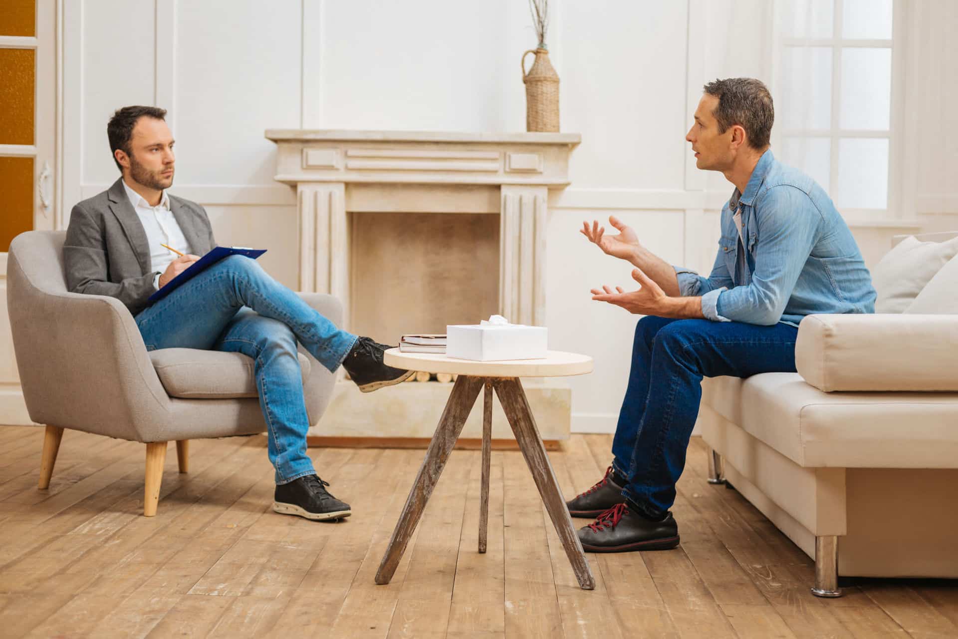 Young man asking therapist about why drugs make you skinny.