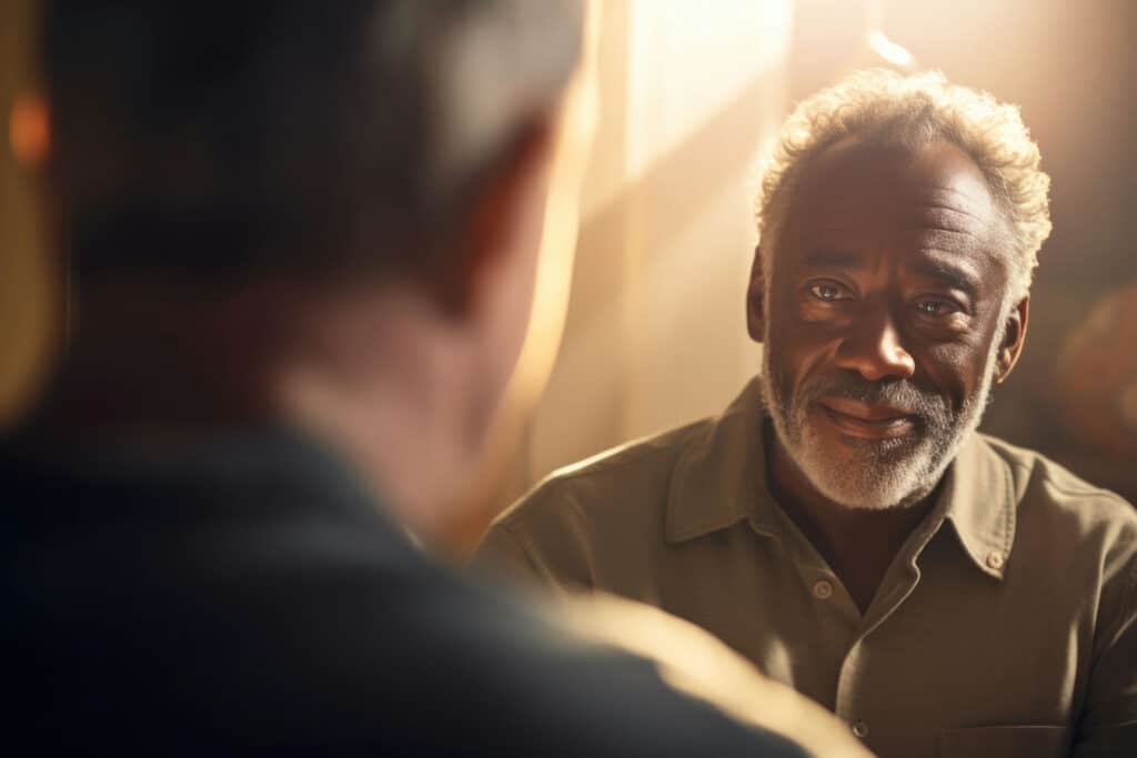 Peaceful man in conversation with other man in PTSD support group.