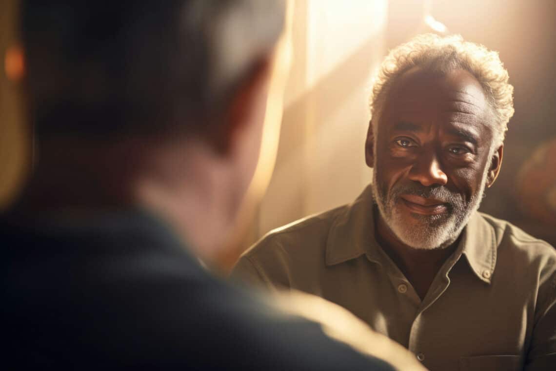 Peaceful man in conversation with other man in PTSD support group.