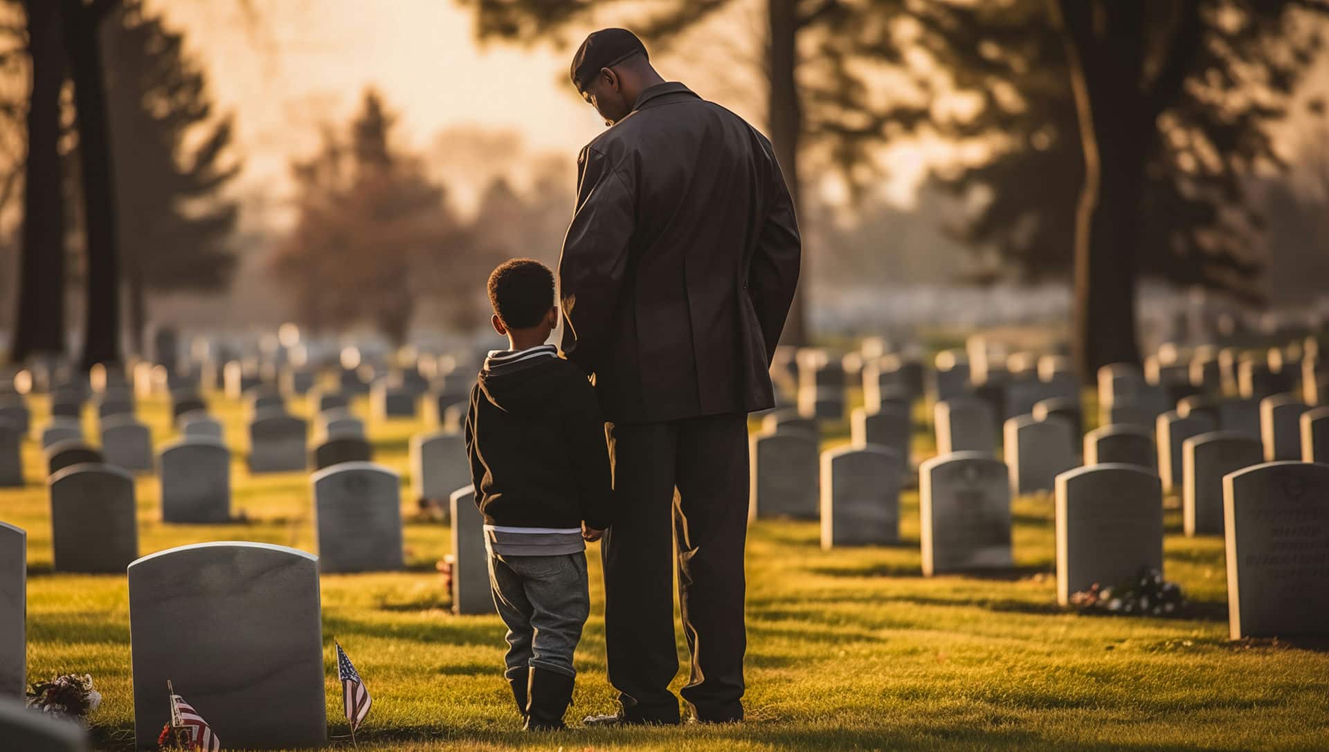 Man and small child talking while standing in front of a tombstone in a graveyard at sunset.