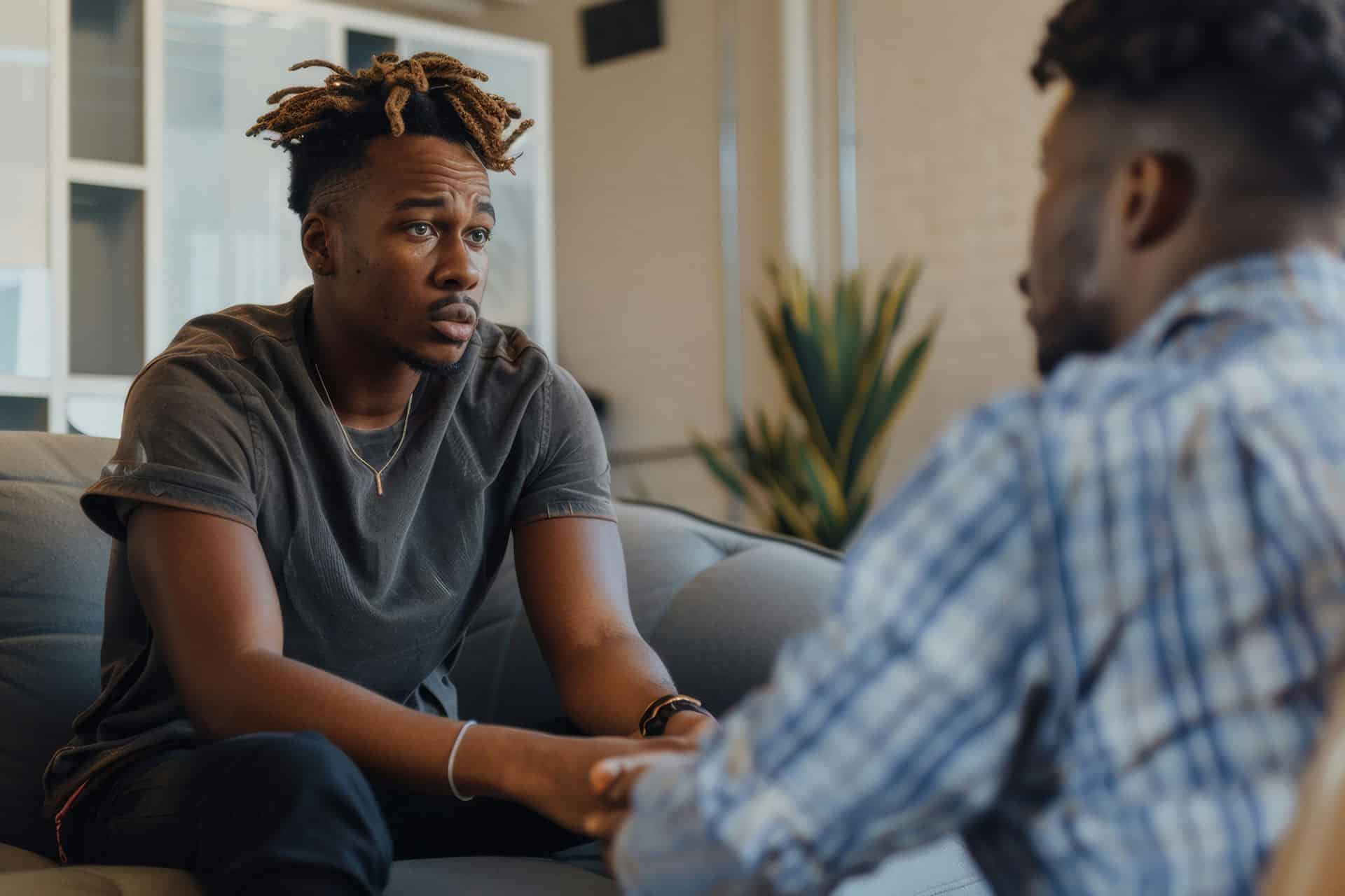 Man reassures man in grey chair after a panic attack.