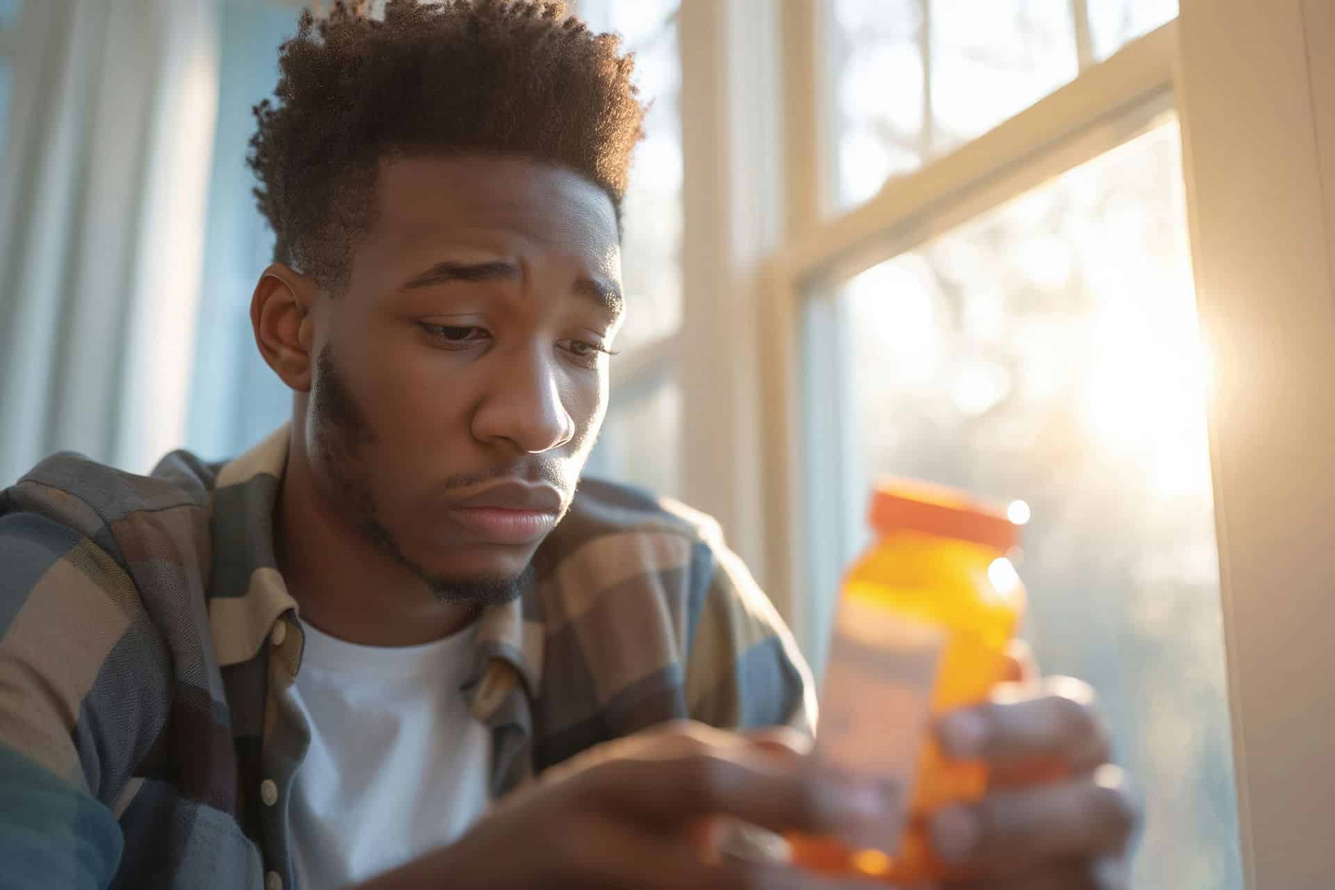 Man looking down at Vicodin bottle.