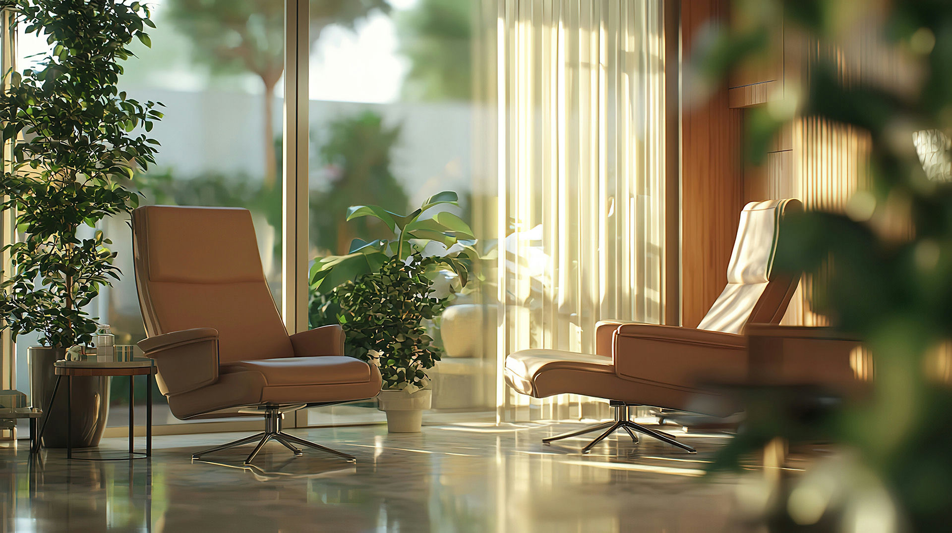 Empty living room of a midcentury modern apartment, to symbolize boredom in recovery.