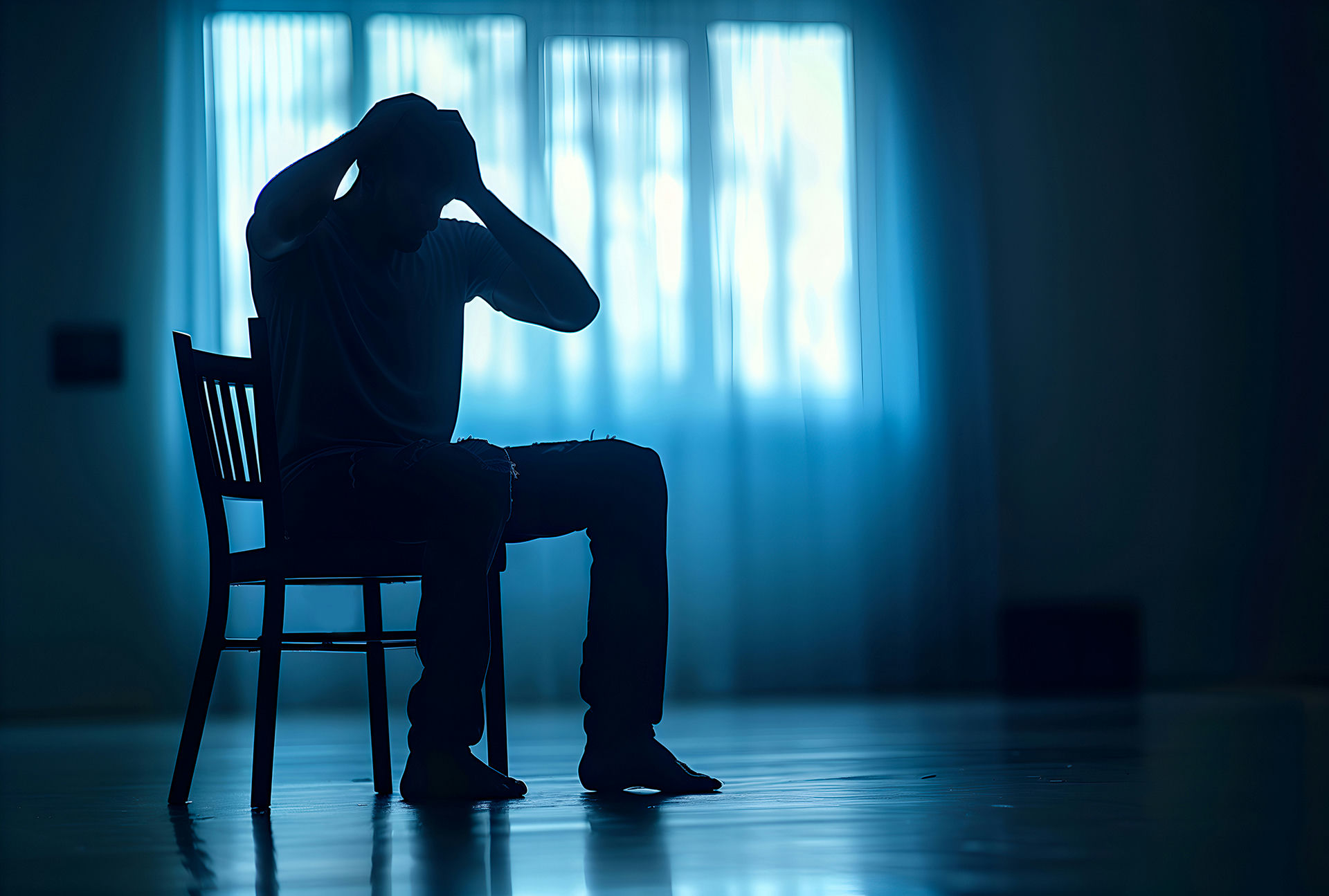 Shadowed image of a man sitting in a chair and holding his head.